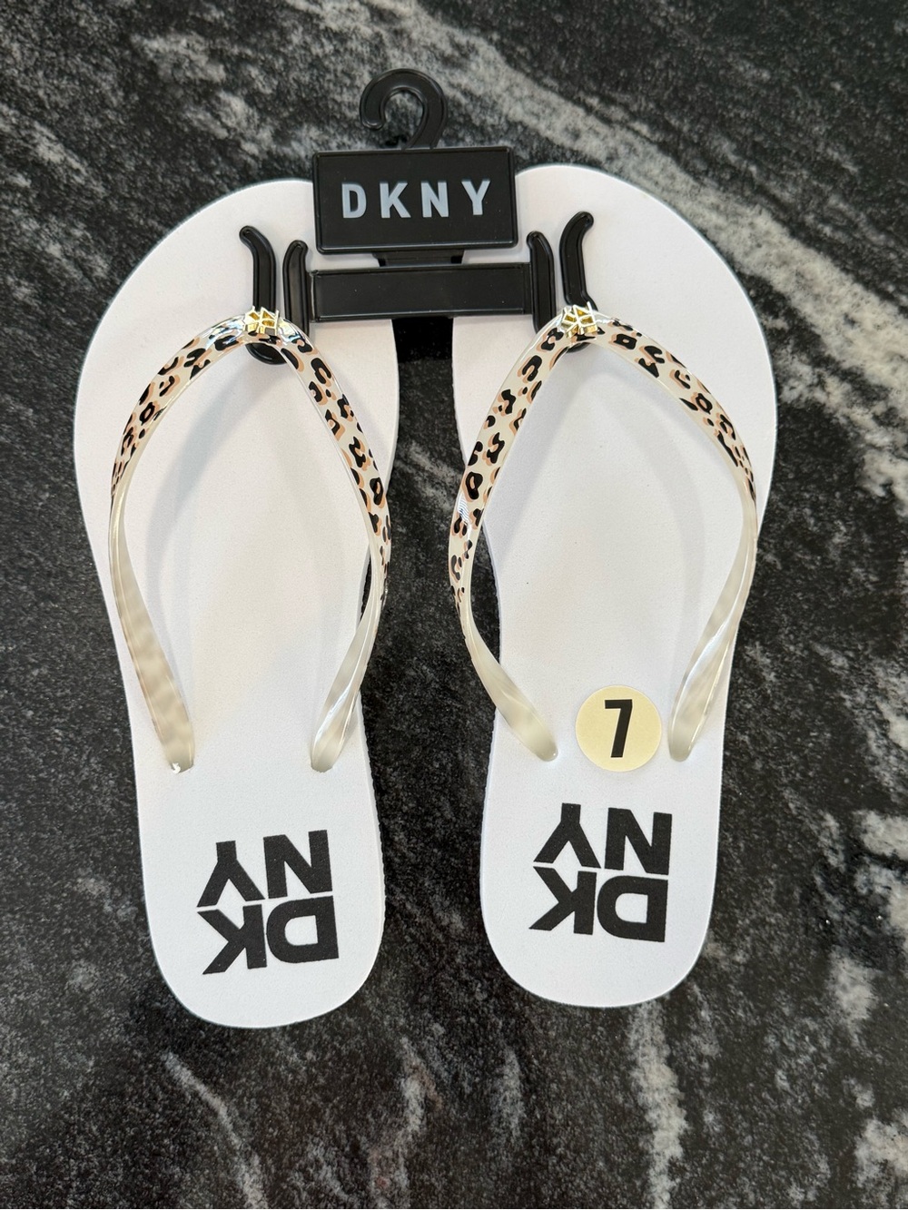 DKNY White Flip Flops with Leopard-Print Straps